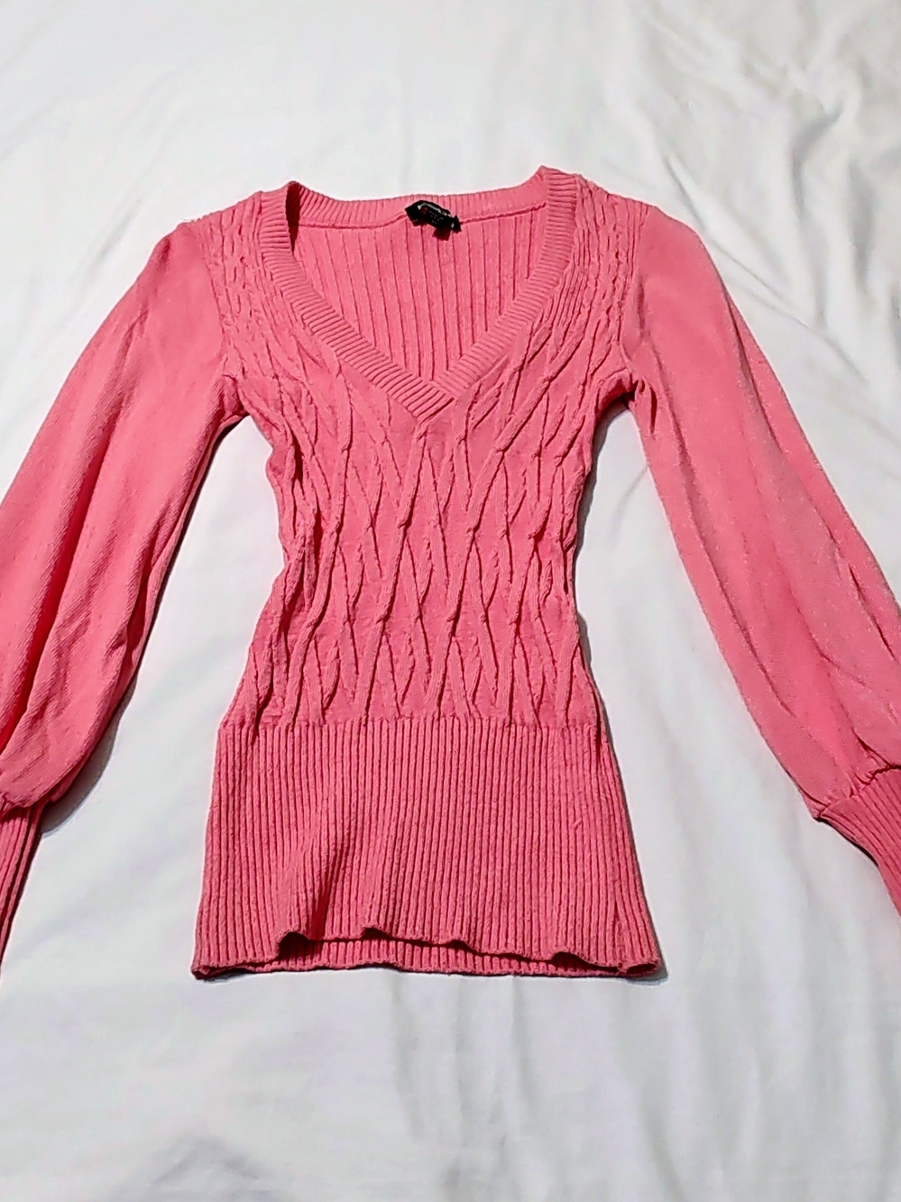 bebe Y2K Pink V-Neck Cable Knit Fitted Sweater